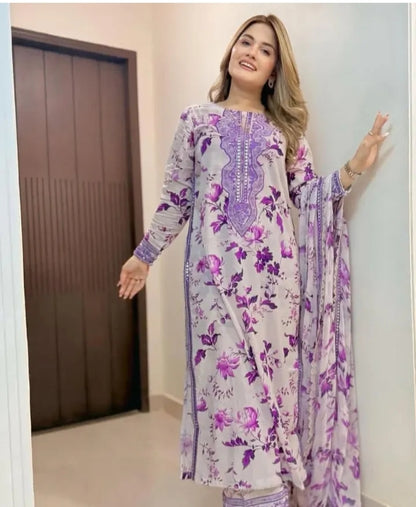 Anila's Long Printed+Embroidery 3/pcs Suit 🟣