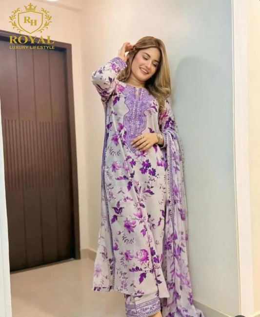 Anila's Long Printed+Embroidery 3/pcs Suit 🟣